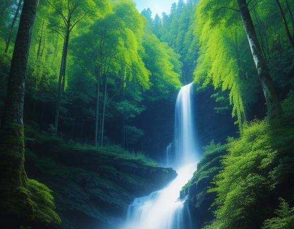 Fairy Tale Forest Scene with Towering Waterfall