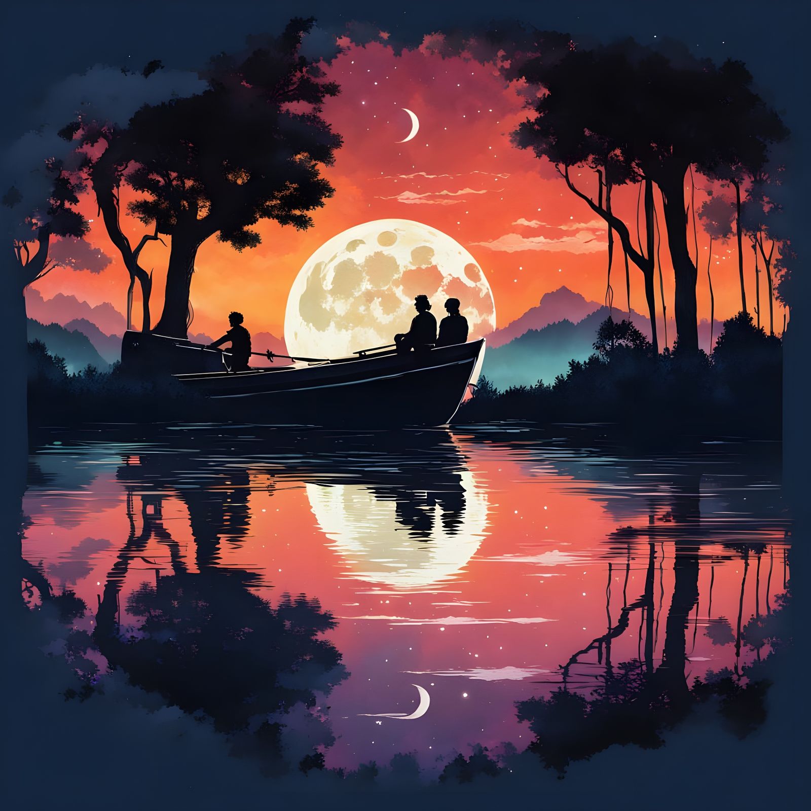 Moonlit Double Exposure: Cosmic Boat Silhouette