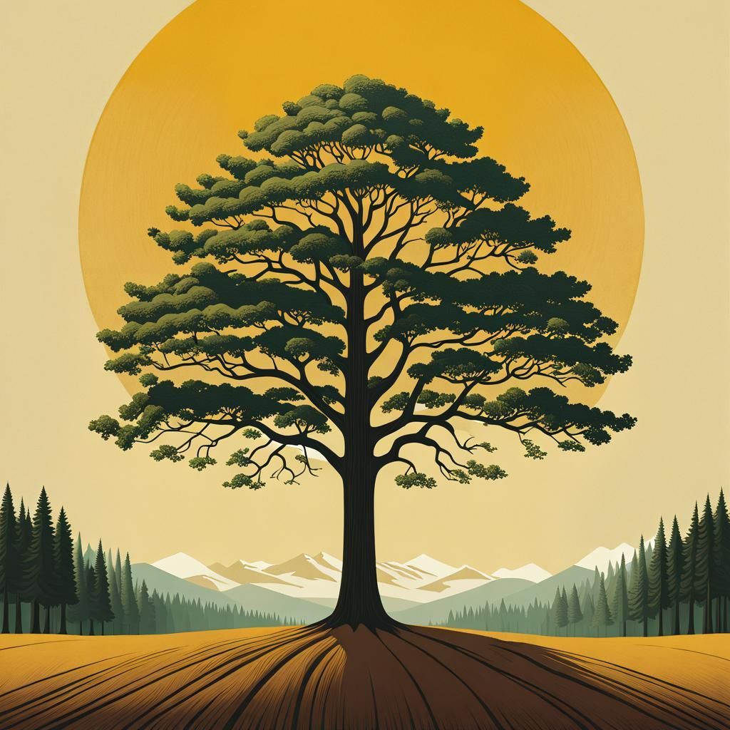 Symmetrical Tree Radiates Golden Light