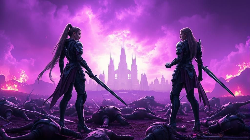 Futuristic Female Warriors on Purple Battlefield