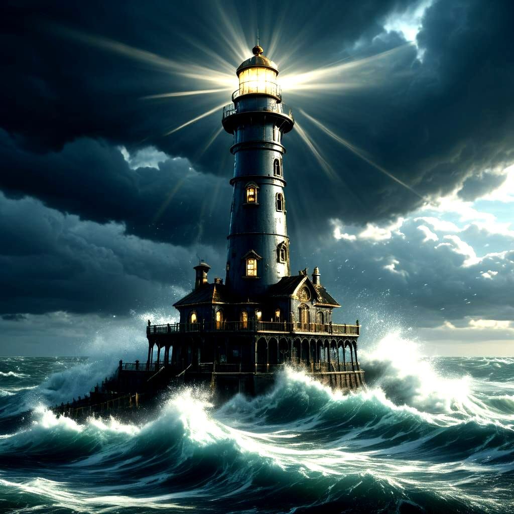 Steampunk Lighthouse Pierced by Sunbeams, Photorealistic Dig...