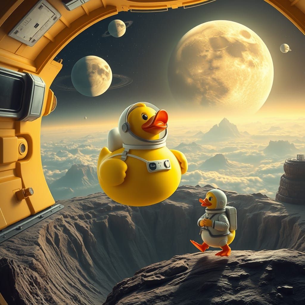 Surreal Space Adventure with Rubber Duck Astronauts