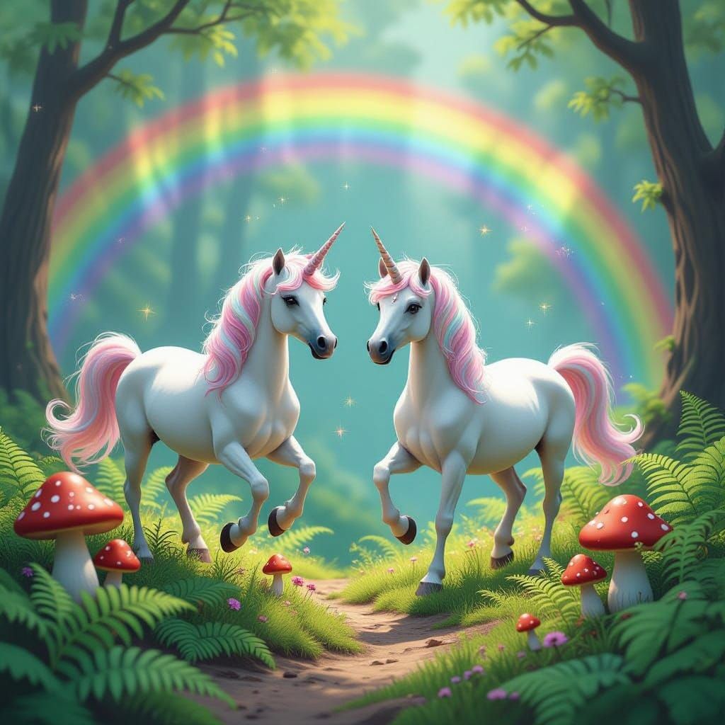 Unicorns Prance in Rainbow Fantasy Landscape