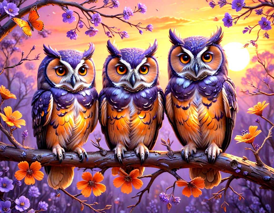 Vibrant Oil Painting of Owls in Sunset Bloom