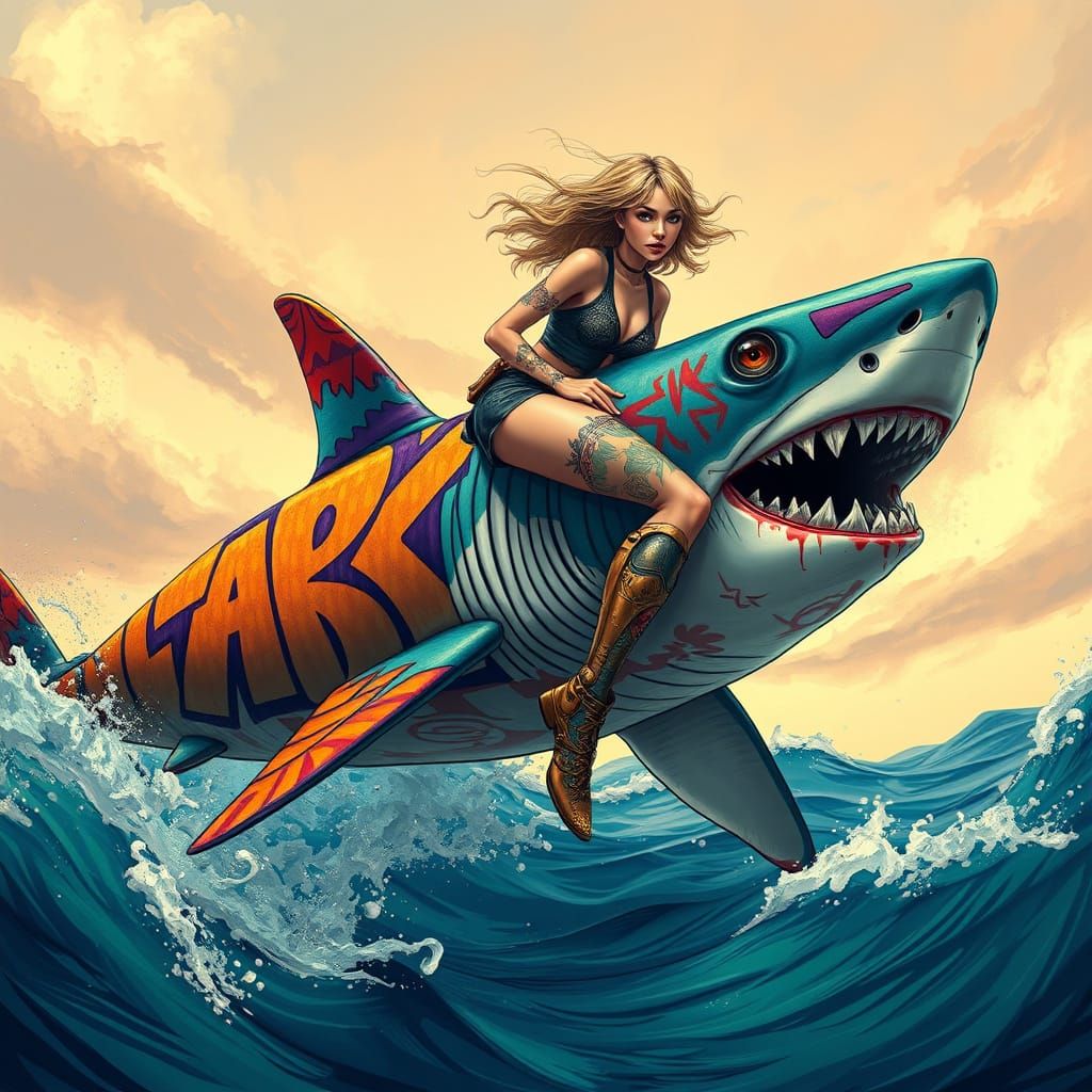 Woman Rides Graffiti Shark in Digital Art Style