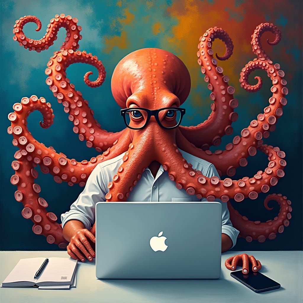 Octopus Multitasking with Technology in Abstract Style