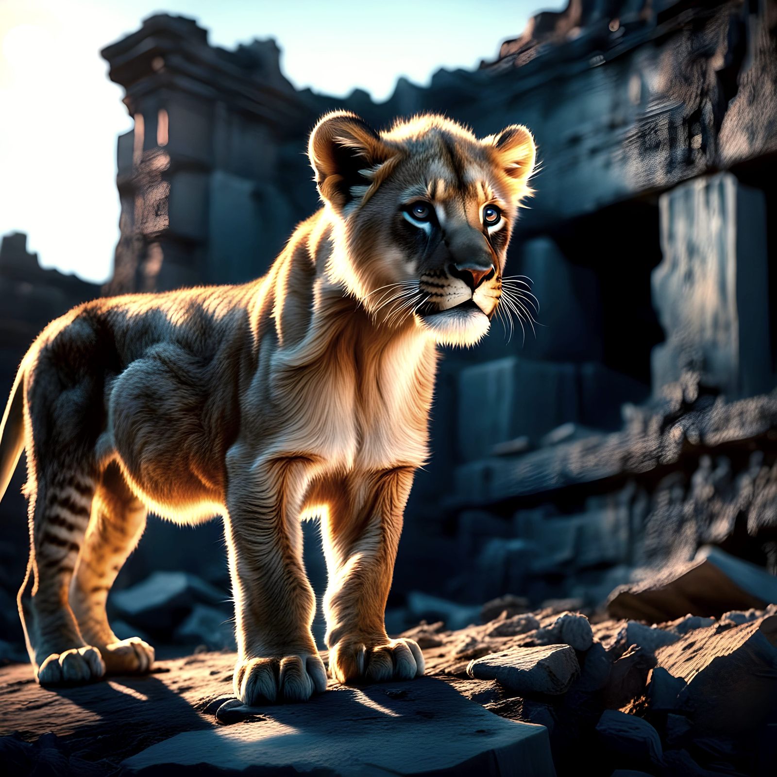 Moonlit Lion Cub in Dystopian Hyperrealism