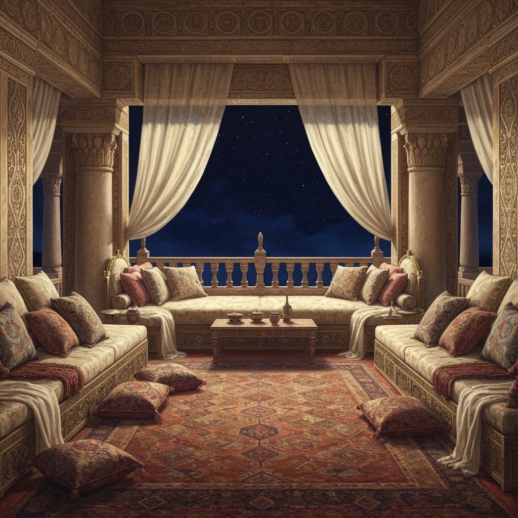 Ornate Assyrian Palace Room with Balcony View