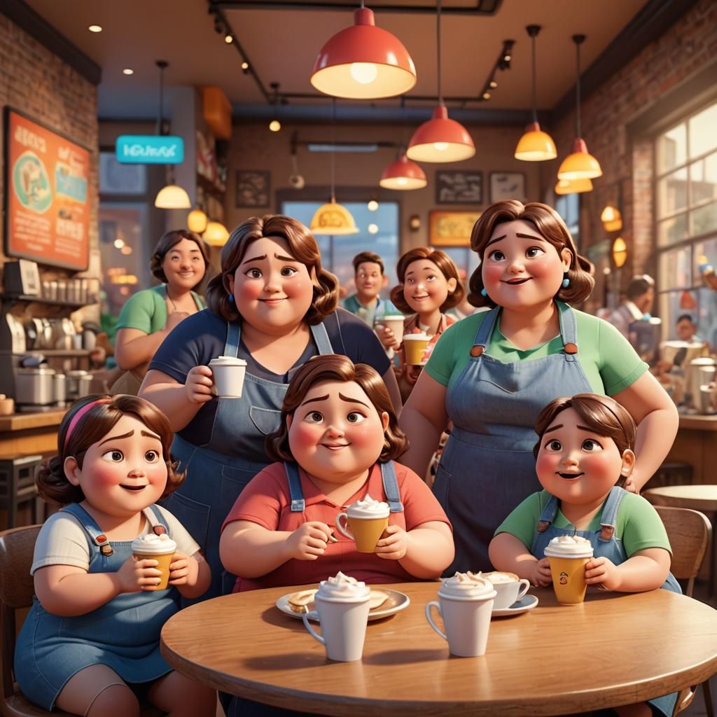 Chubby Mothers Enjoying Coffee: 3D Digital Art