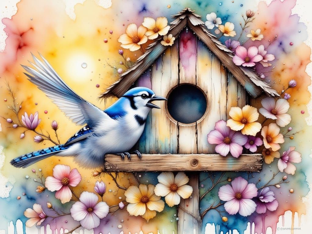 Vibrant Watercolor Birdhouse Scene