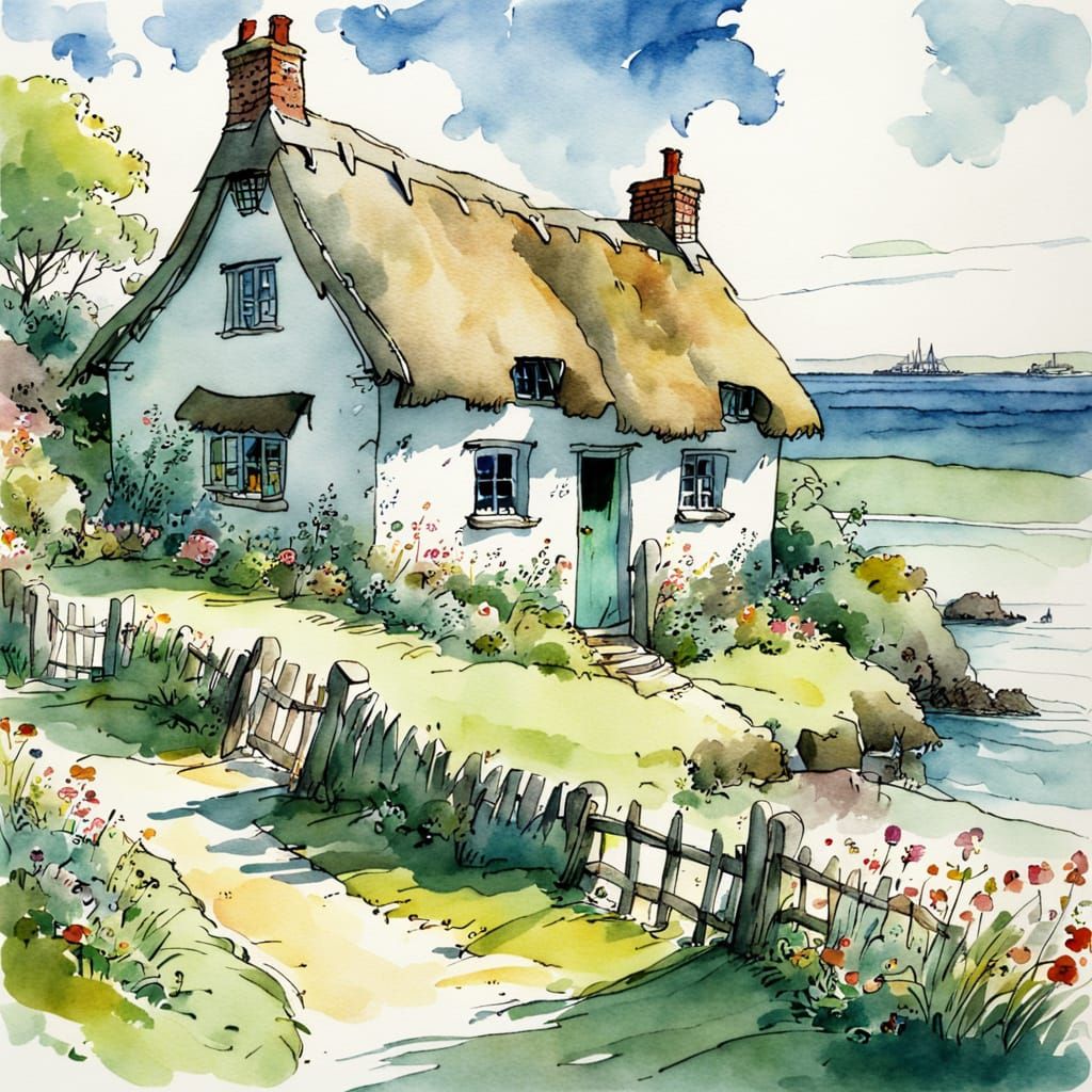 Picturesque Seaside Cottage in Watercolor Illustration
