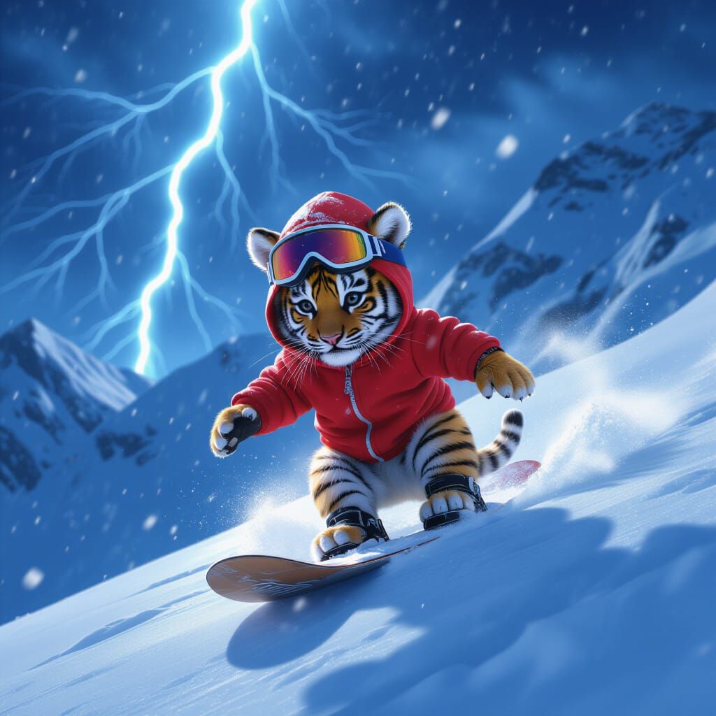 Brave Tiger Cub Snowboarding in a Storm