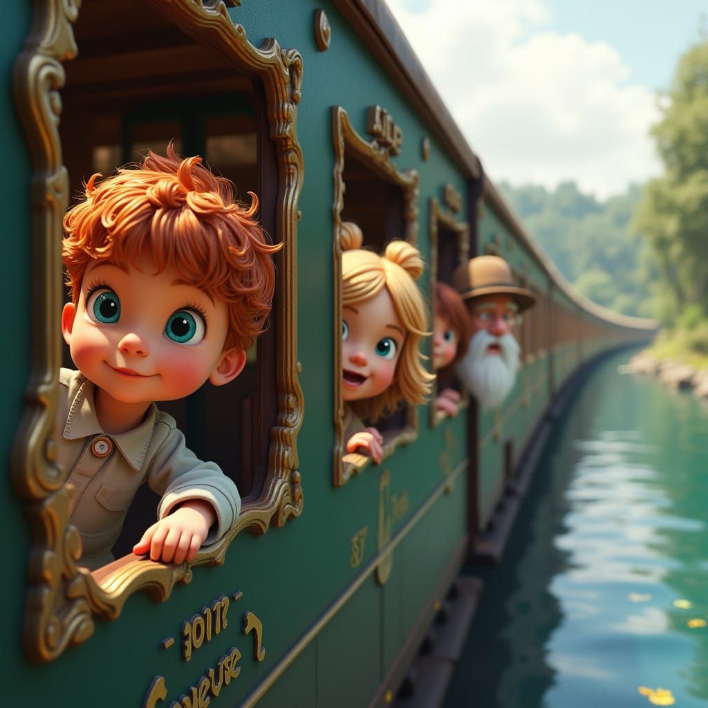 Stunning Lake Scene with Train and Passengers in 3D Style