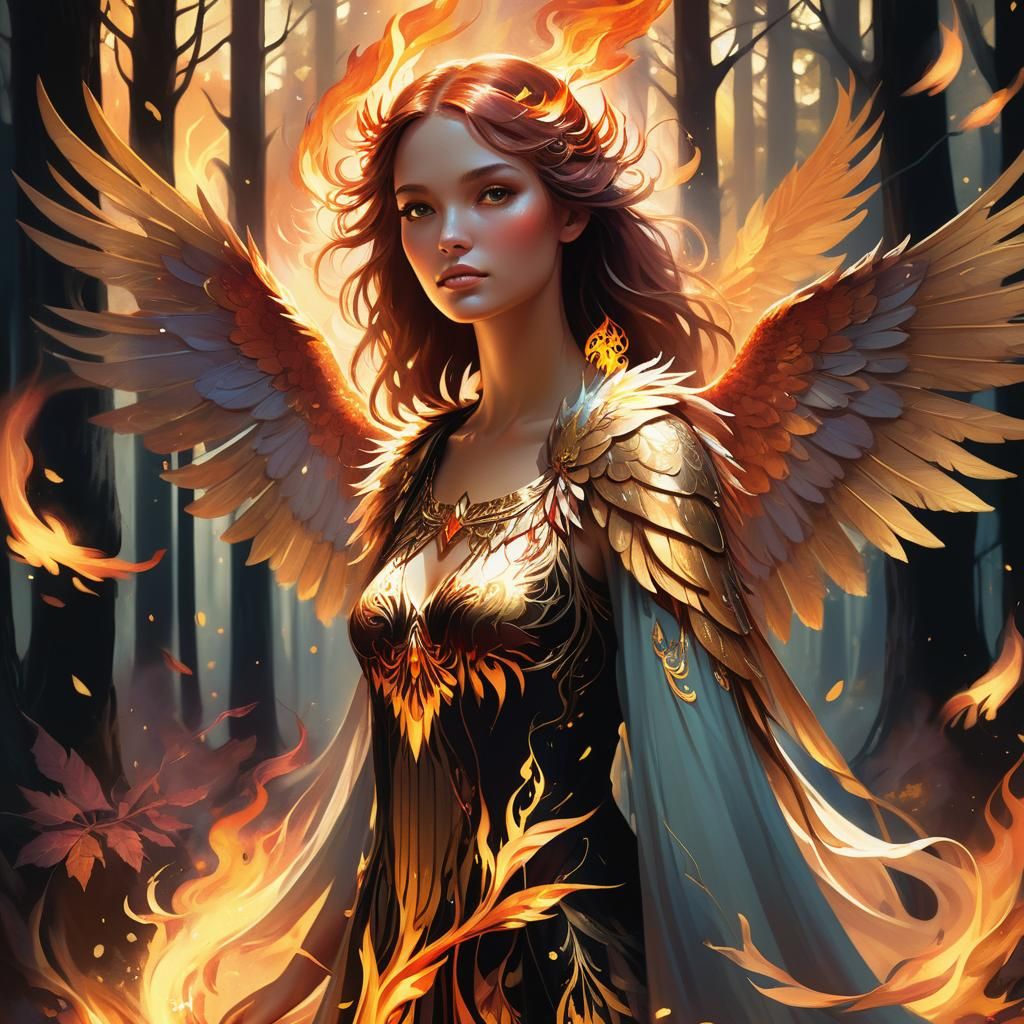 Girl with Firebird Wings in Mystical Forest