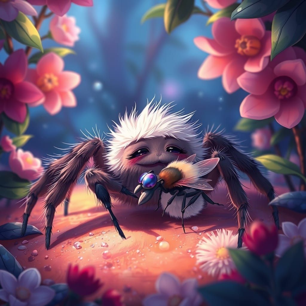 Cute Spider Cuddles Fly in Anime Style