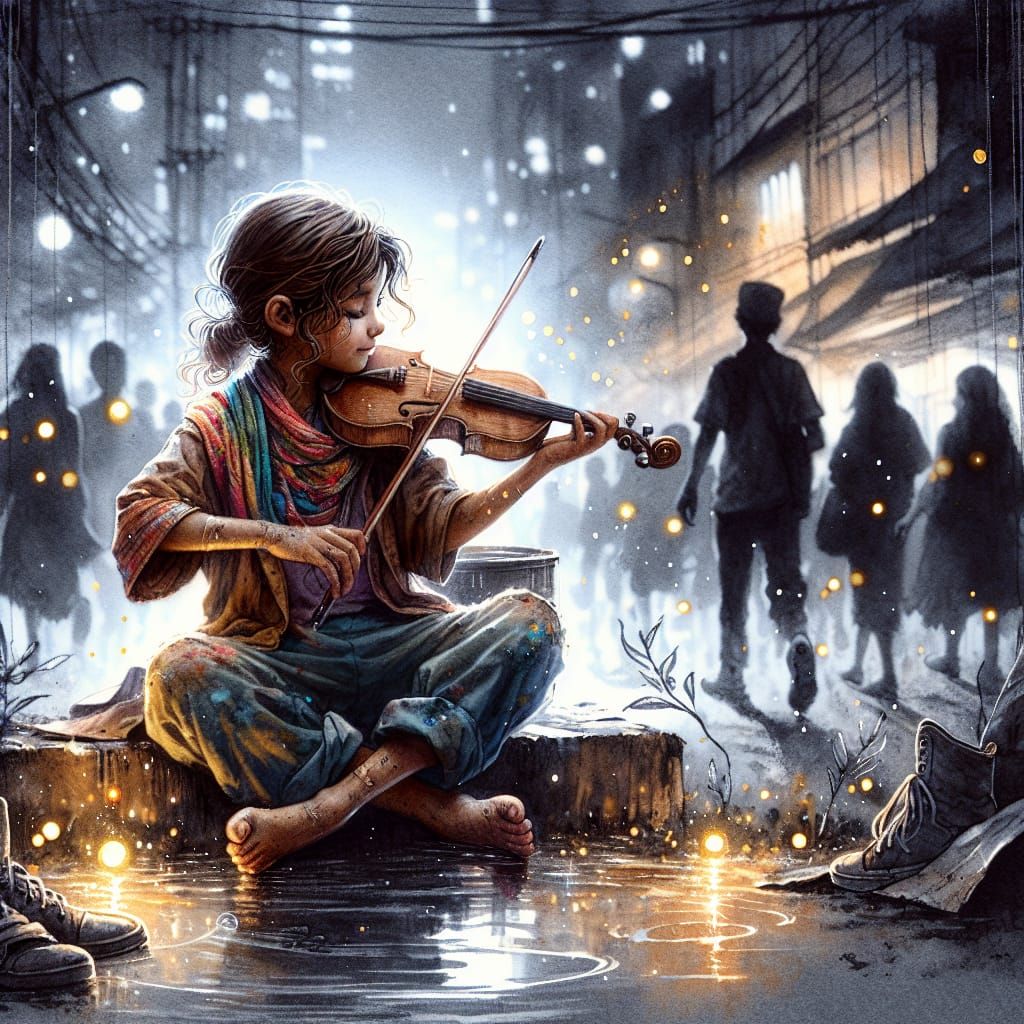 Young Girl Violinist in Watercolor and Acrylic