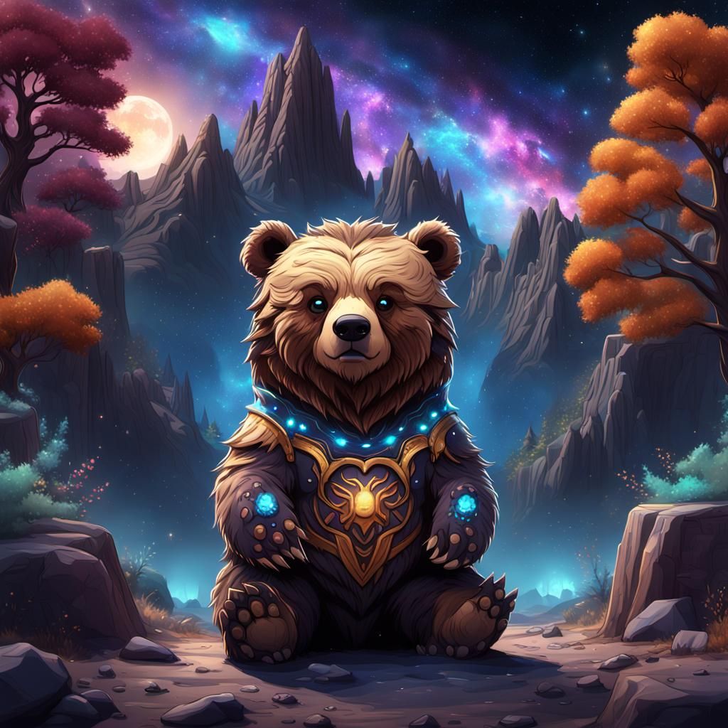 Chibi Cosmic Grizzly Bear in Detailed Painting Style