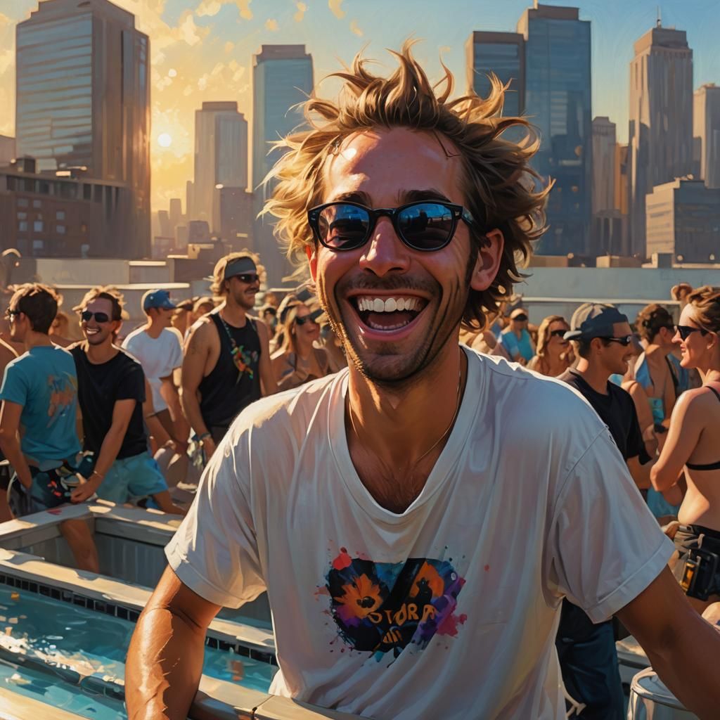Swaggering Raver in Dreamlike Rooftop Pool Scene