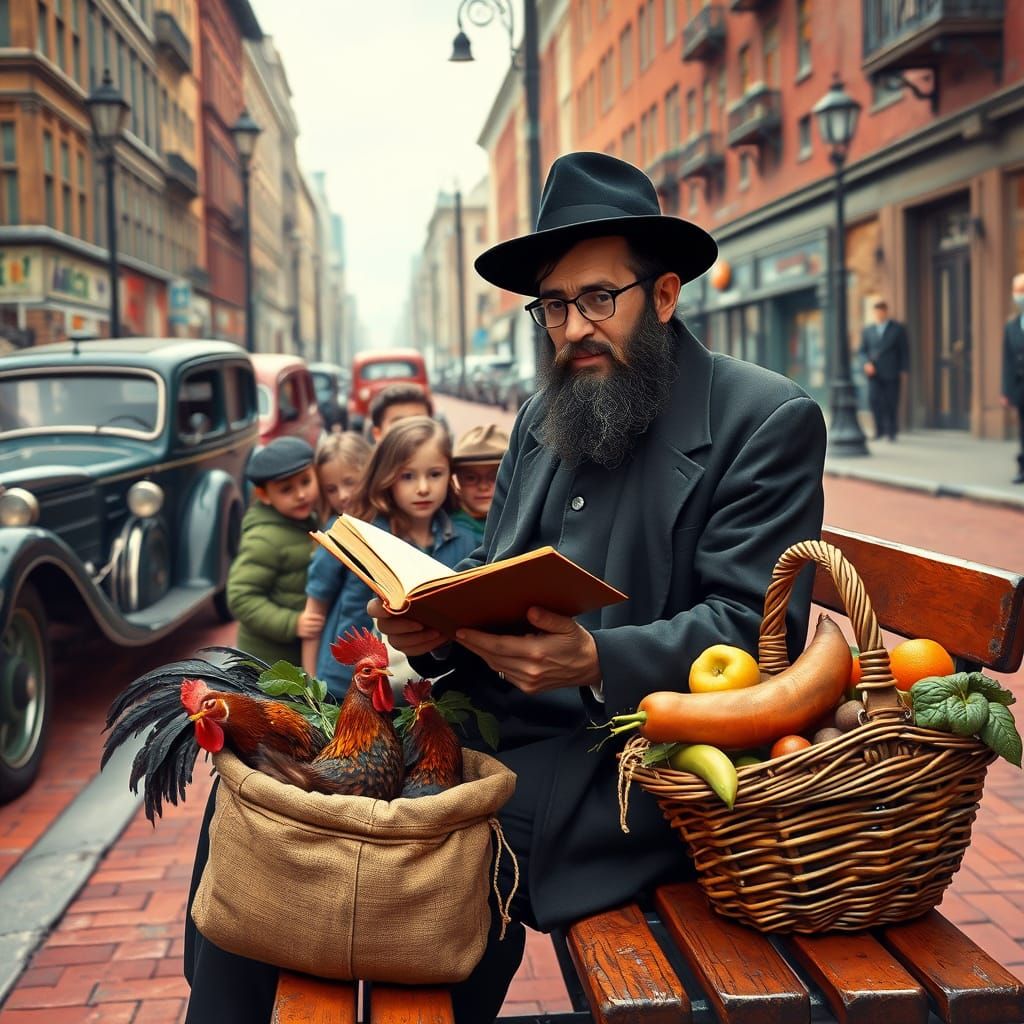 A handsome Haredi Hasidic Jew sits on a busy red street in t...