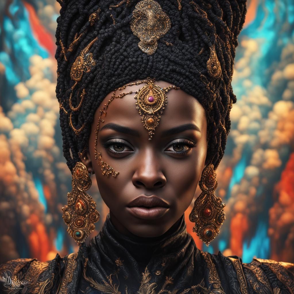 Hyperrealistic Black Queen Portrait in Splash Art Style