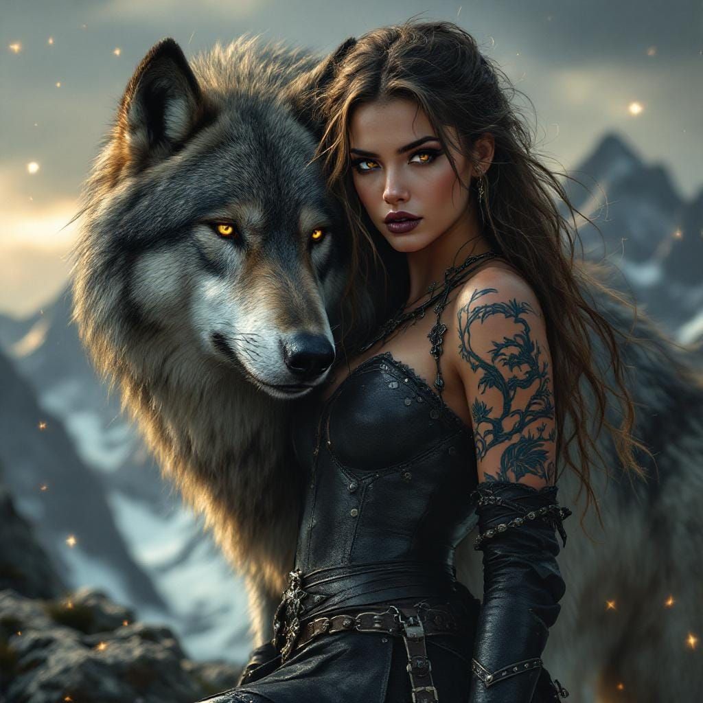 Majestic Wolf and Female Warrior Portrait