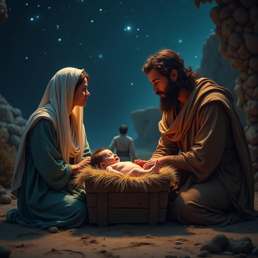 Nativity Scene in Mythical Realism Style