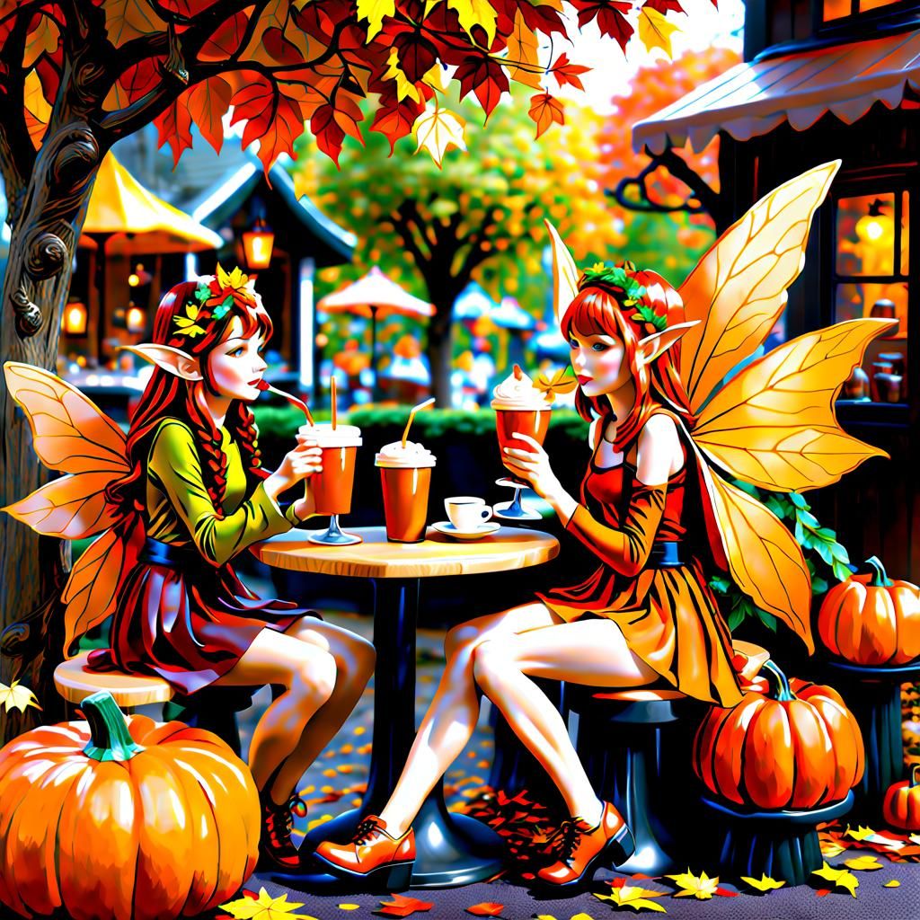 Autumn Fairy and Dryad at Gnome Coffee Shop