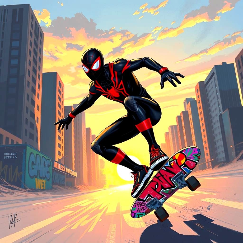 Spider Man Miles Morales Cruises on a Skateboard in a Vibran...