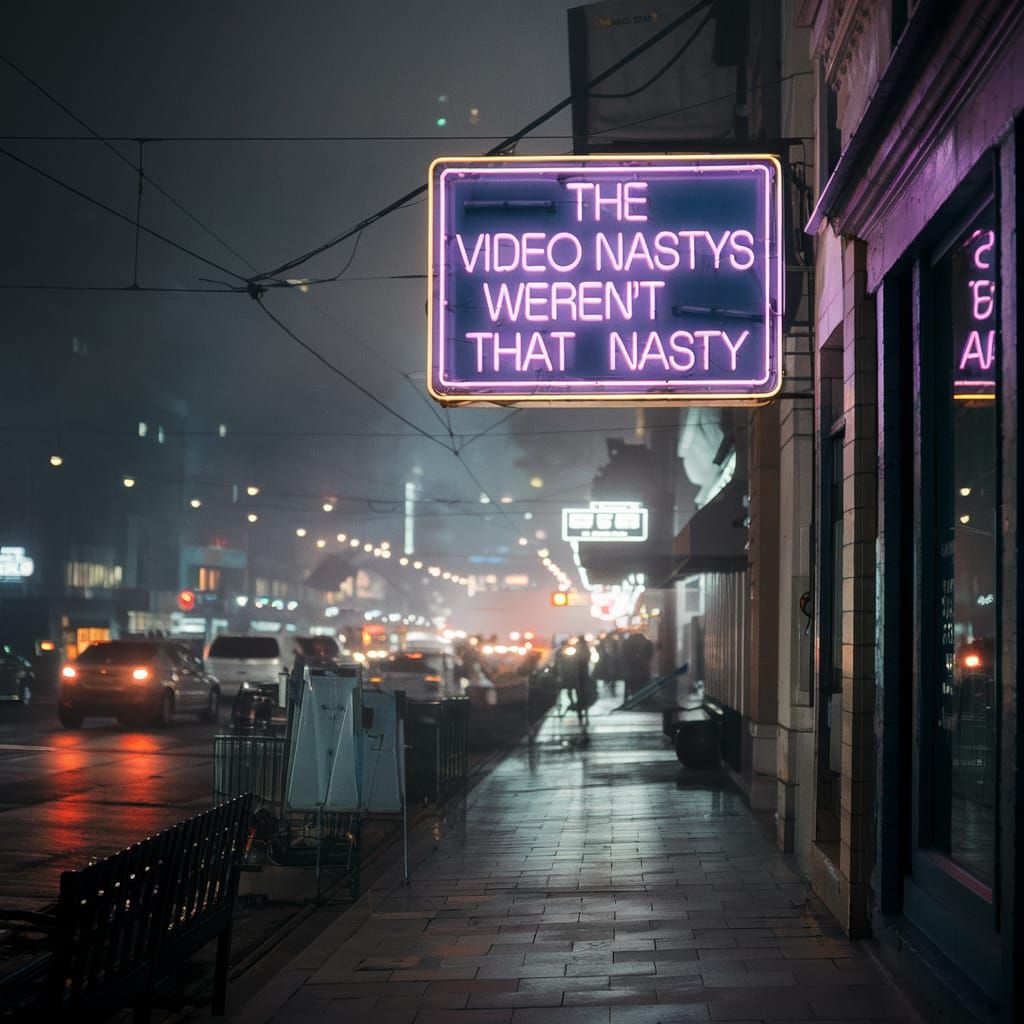 City Street at Night with Neon Sign, Cinematic Film Still