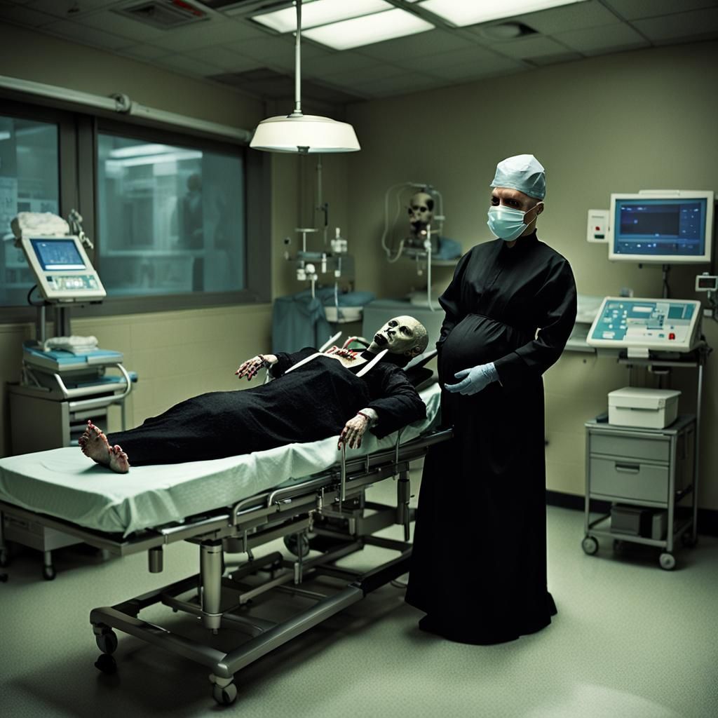 Female Pinhead Giving Birth in a Dark Hospital
