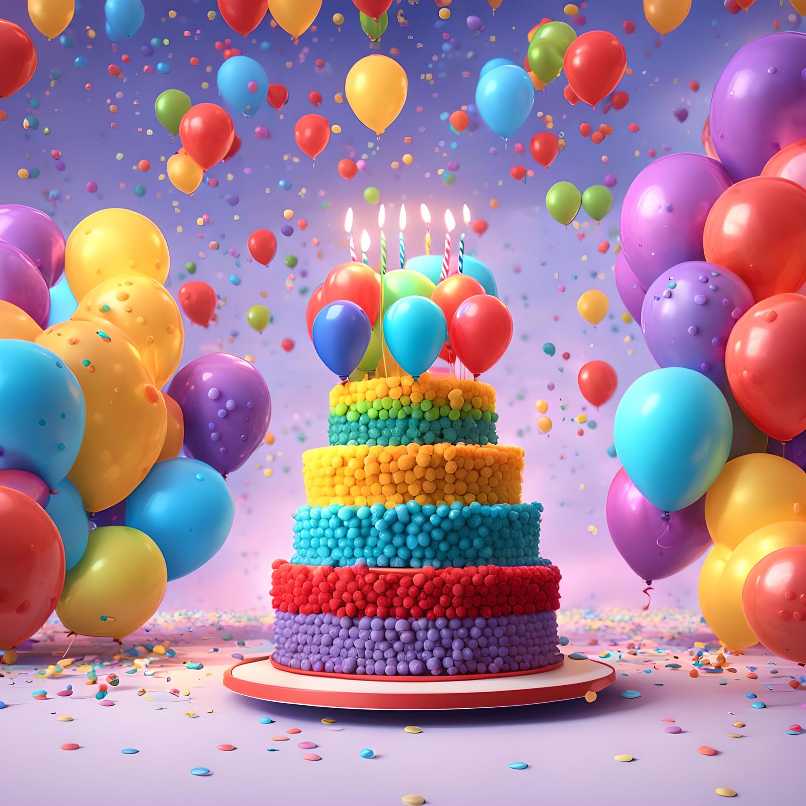 Festive Birthday Cake and Balloons in 3D Style