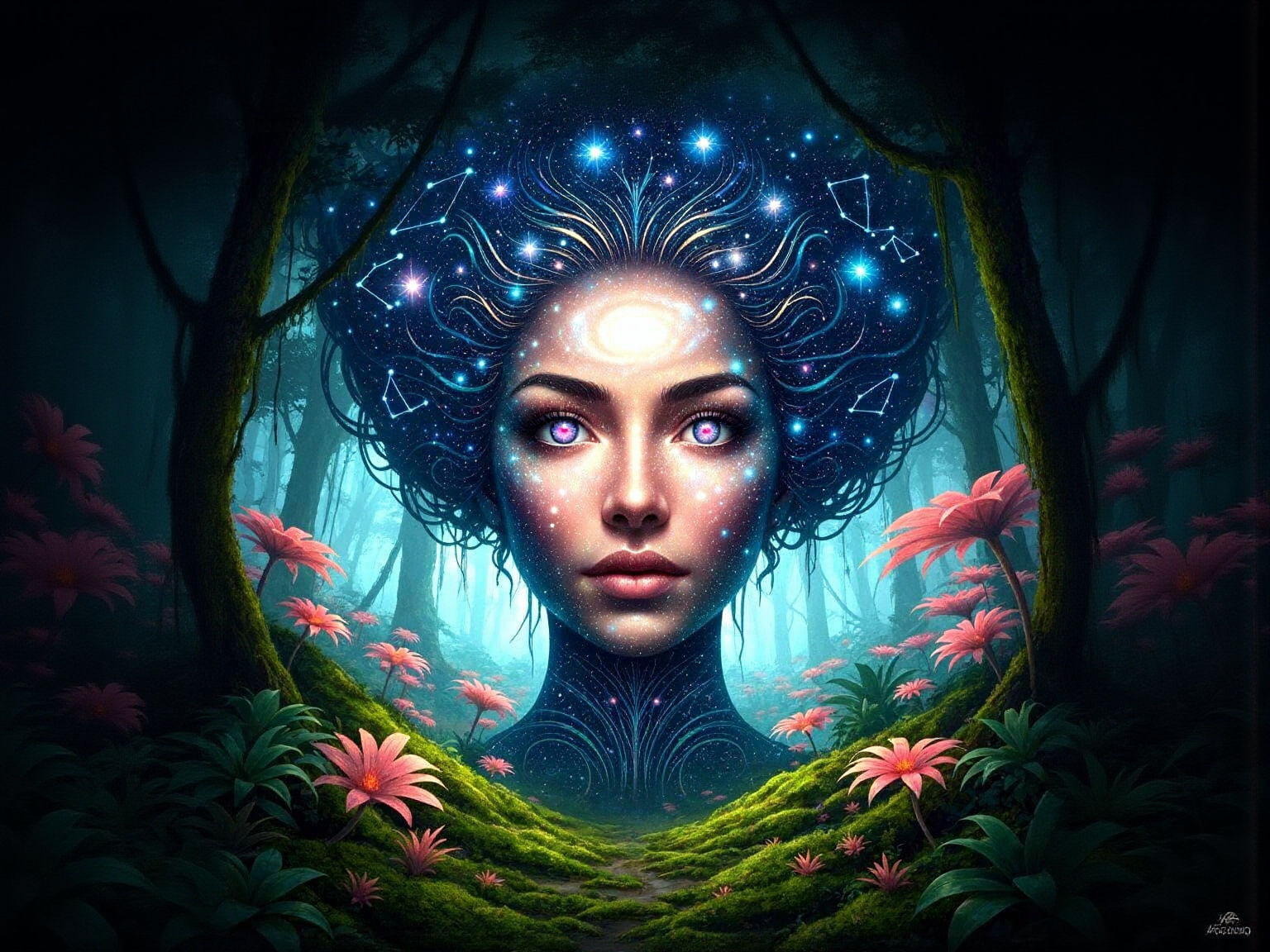 Starlight Woman with Galactic Eyes in Glowing Forest
