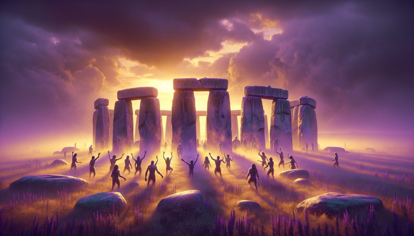 The scene is Stonehenge on a misty morning, gathered around is a group of Apemen with their arms lifted towards the sky