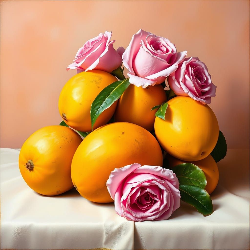 Still Life Masterpiece with Golden Mangoes and Pink Roses in...
