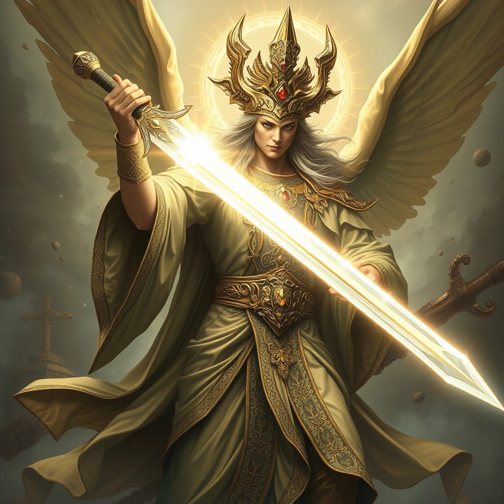 Ethereal God Wields Celestial Sword in Grand Fantasy Scene