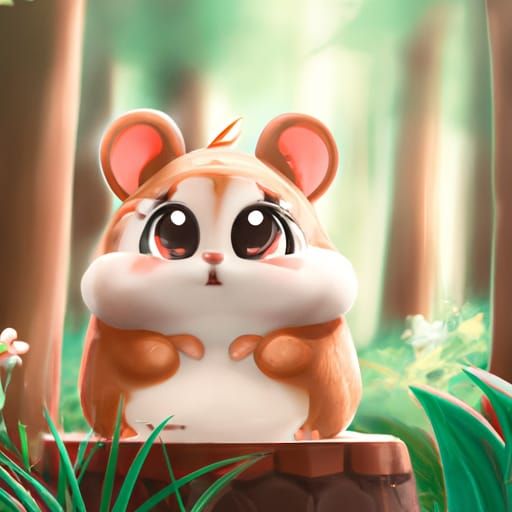 Adorable Chibi Hamster in Forest, Digital Illustration