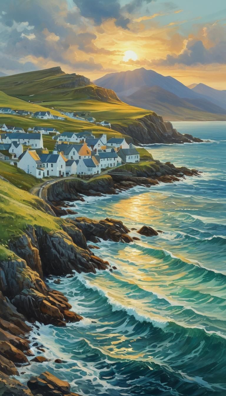 Hebrides Coastal Village Sunset in Gouache Style