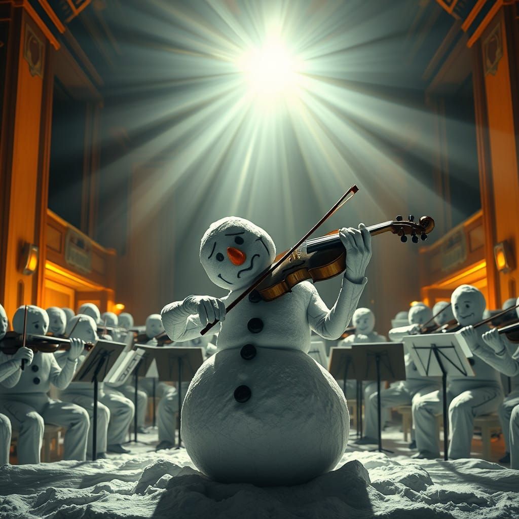Sorrowful Snowman in Cubist Fragmented Violin Concert, Grand...