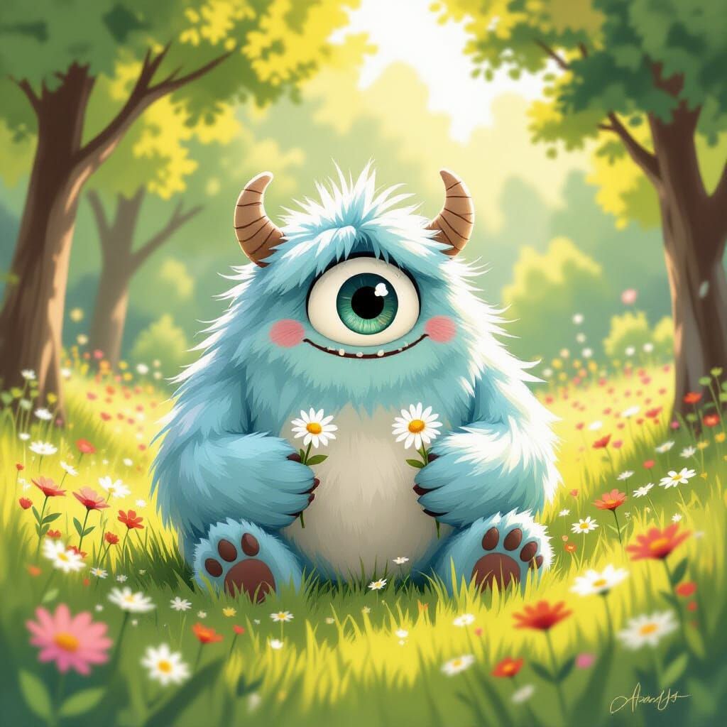 Fluffy One-Eyed Monster Offers Daisy in Wildflower Field