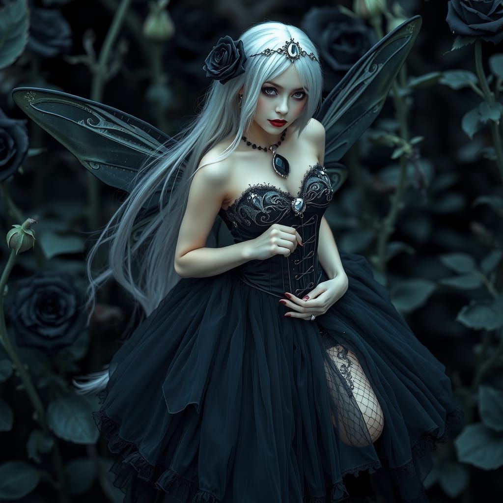 Gothic Fairy in a Black Rose Garden