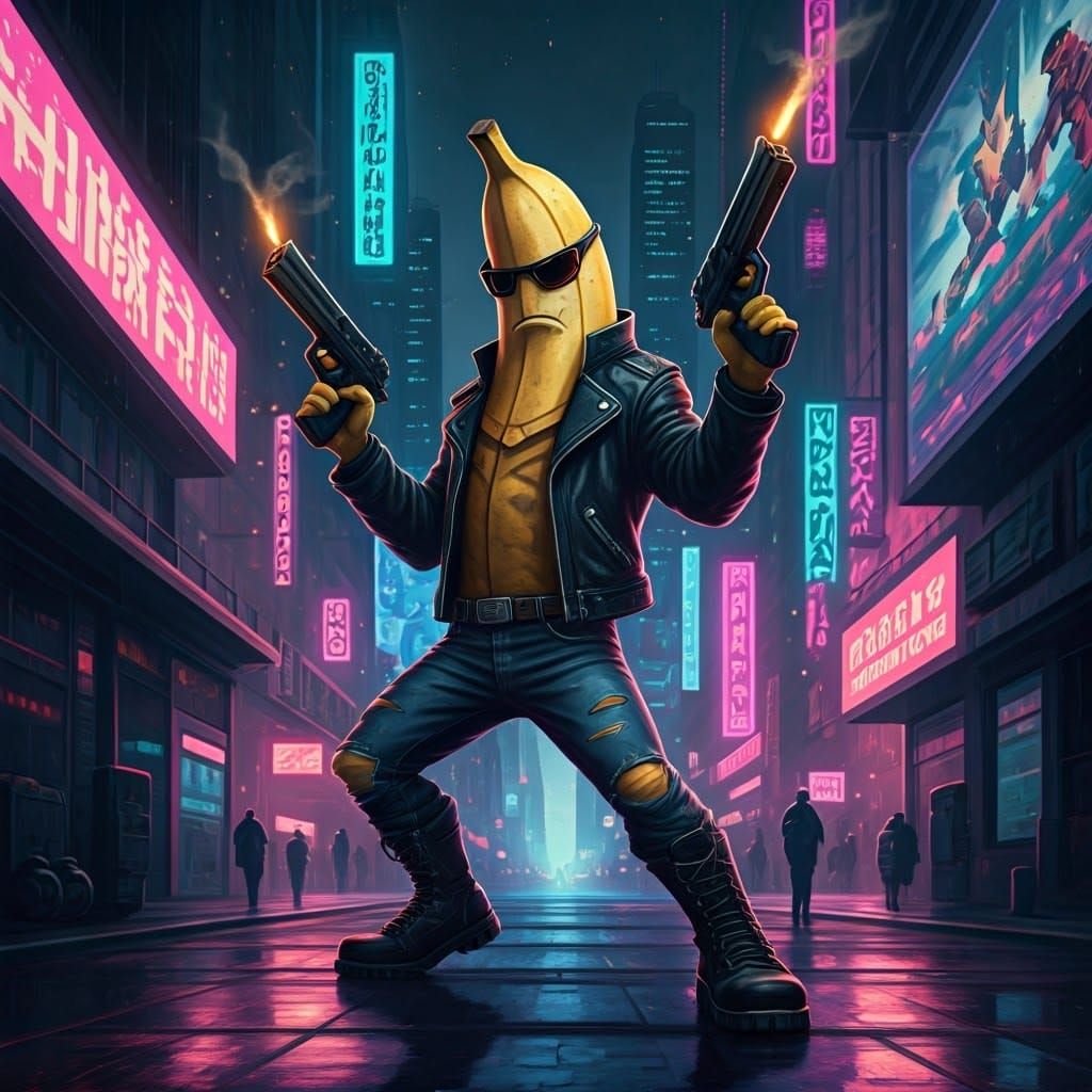 Cyberpunk Banana Icon Smokes Guns in Neon City