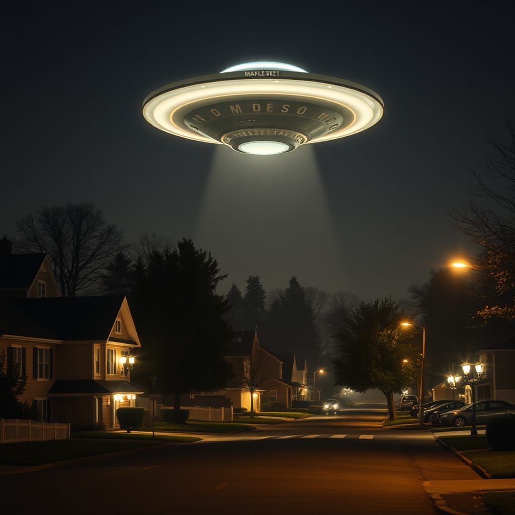 UFO over Maple Street at Night: Cinematic Digital Art