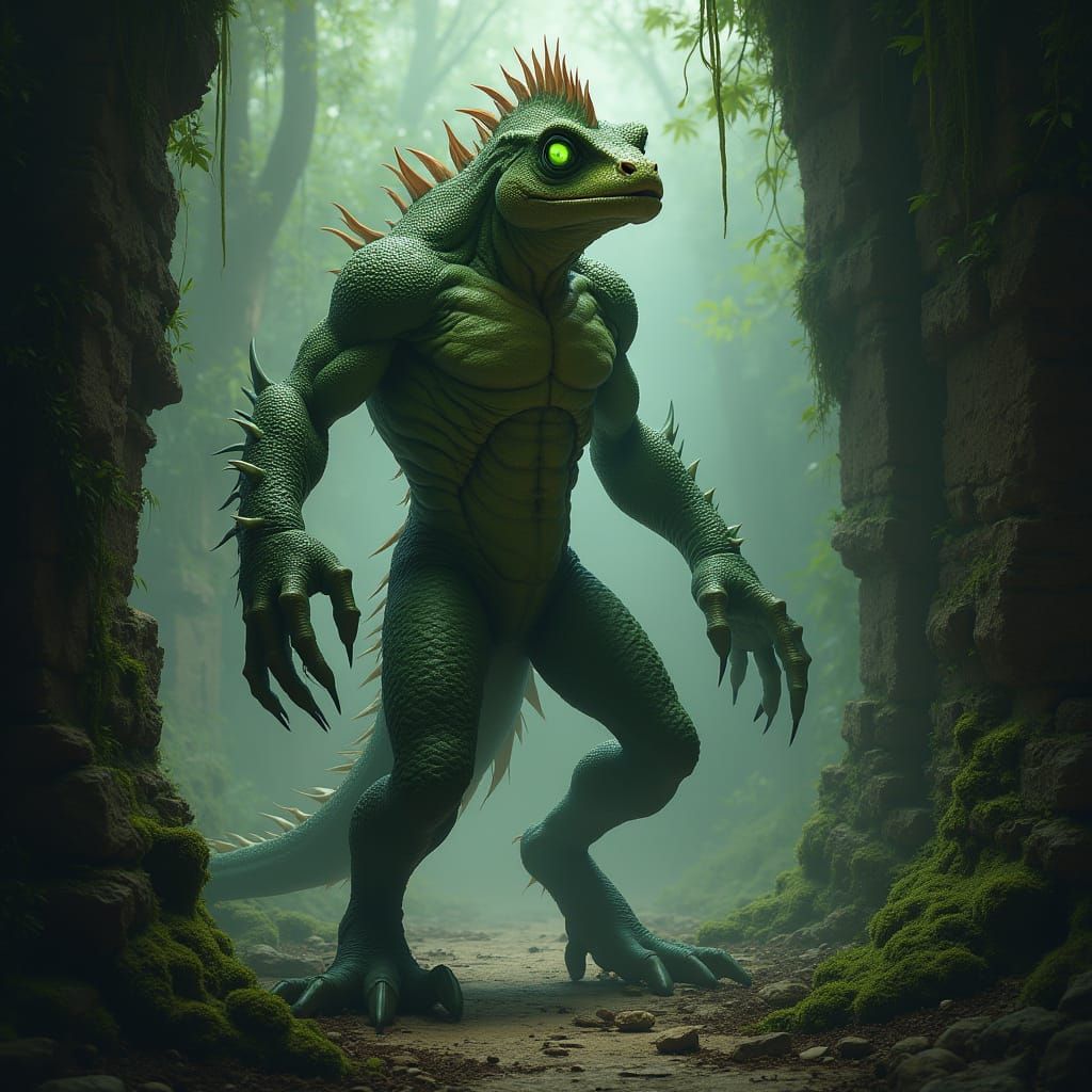 Reptilian Warrior Emerges from Jungle Ruins