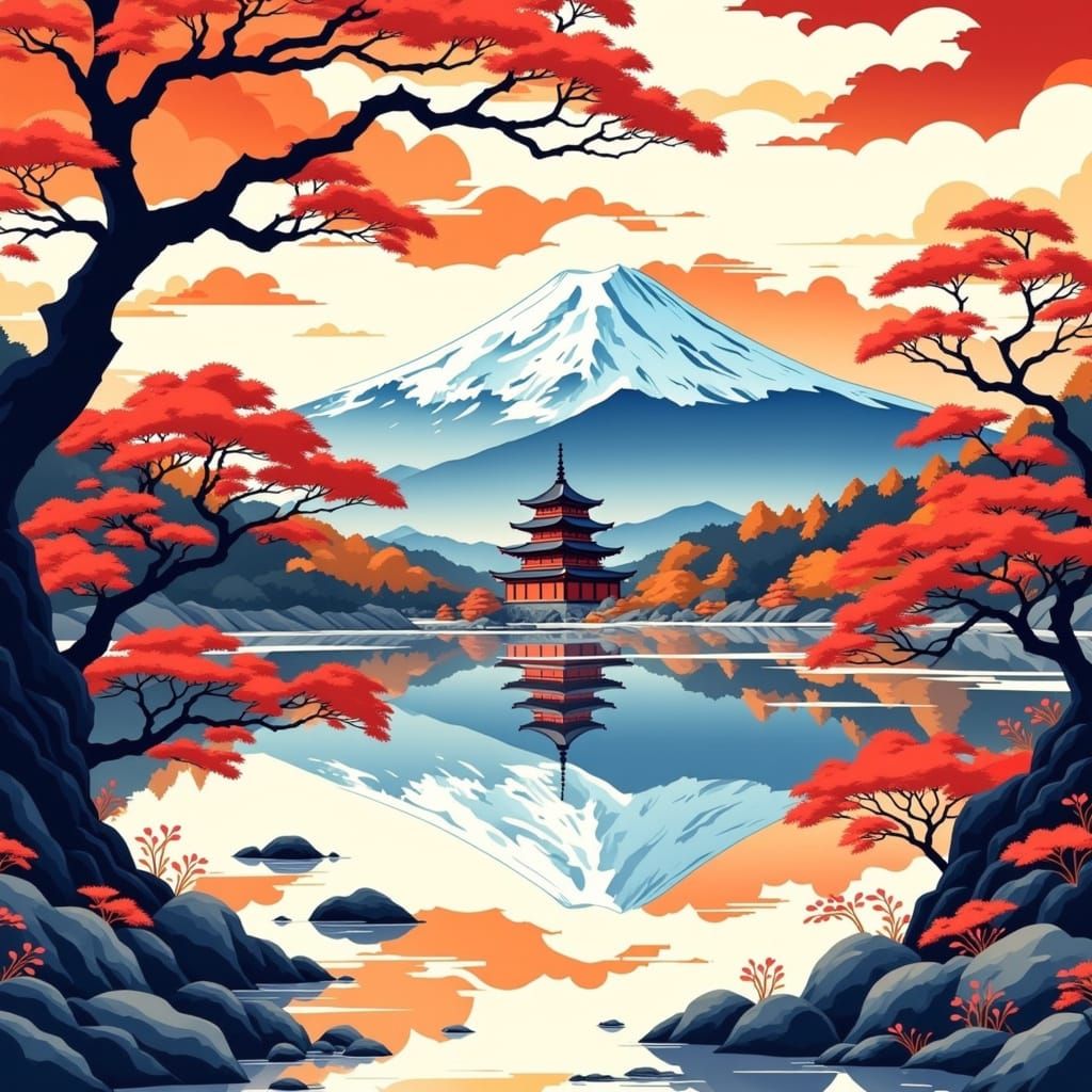Serenely Inspired Japanese Landscape in Traditional Art Styl...