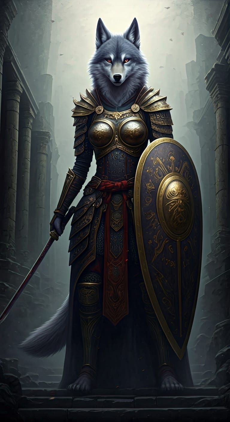 Armored Wolf-Woman Warrior in Fantasy Ruins