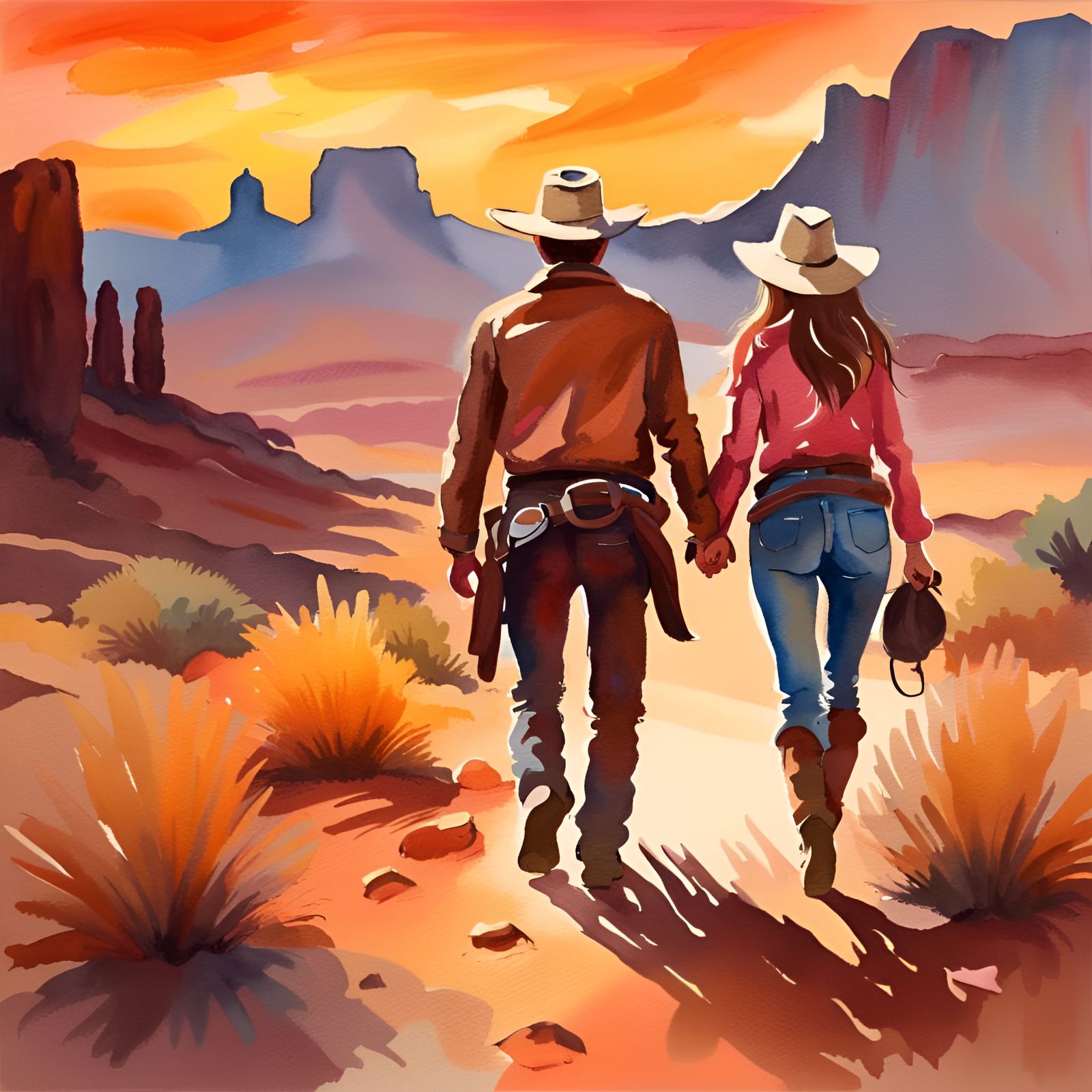Cowboy and Cowgirl Walking into the Sunset