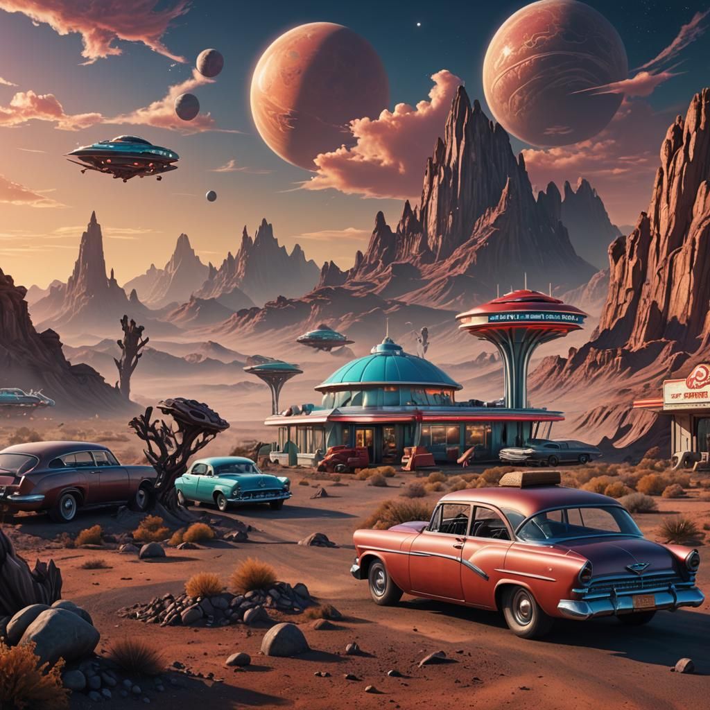 Surreal Alien Landscape with Drive-In Diner