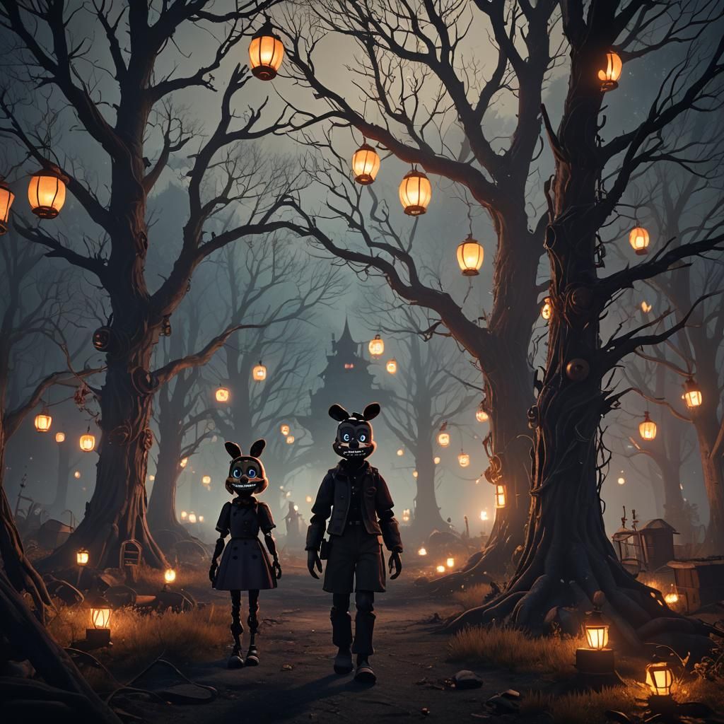 Fnaf Characters in Haunted Landscape: Matte Painting