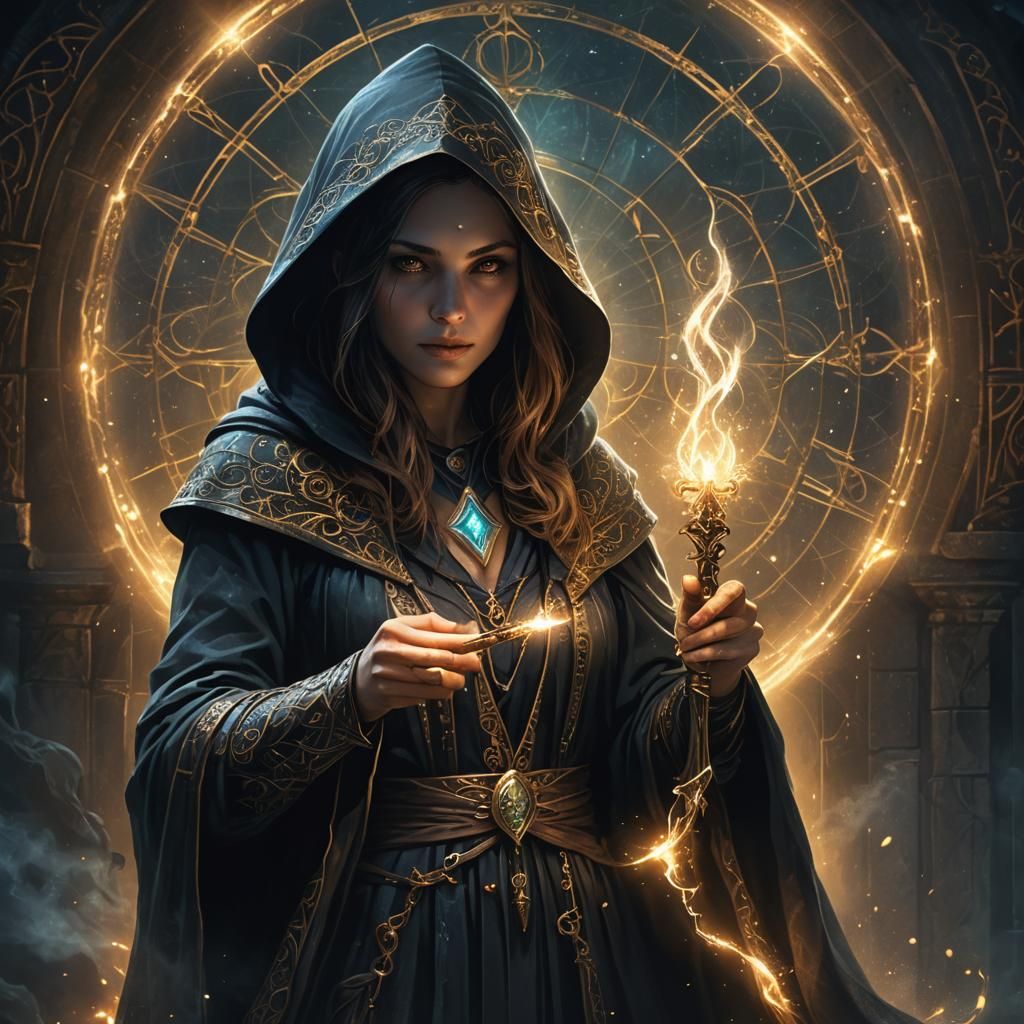 Hooded Sorceress with Glowing Wand in Dark Fantasy Art