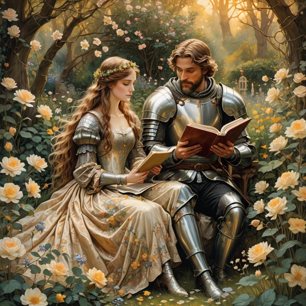 Romantic Knight Reading in Ethereal Garden Illustration